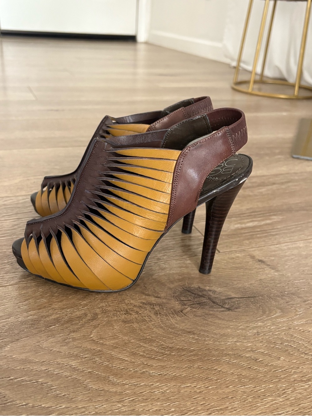 BCBGeneration Mustard Yellow and Brown Cutout Peep-Toe Slingback Heels - Picture 2 of 12